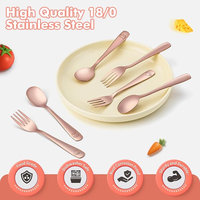 12Pcs Stainless Steel Toddler Utensils Small Metal Kids Silverware | Food-grade, Ideal Transitional Baby Forks and Spoons, Cute pattern, Designed for Children, Dishwasher Safe, Mirror Polished