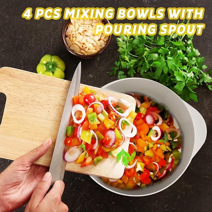 BoxedHome Classic Mixing Bowl Set of 4, BPA Free Plastic, Microwave Safe | 4.5, 3.5, 2.5 & 1.7 quarts,Non-slip Base Large Nesting Bowl with Pour Spout, Dishwasher Safe, for Prep, Cooking,Grey