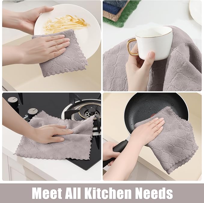 Homaxy Super Soft 12 Pack Kitchen Towels and Dishcloths Set, Grey | Ultra-Absorbent, 10 x 10 and 13 x 19 Inches, Coral Velvet, No Lint, Nonstick Oil, Fast Drying, Microfiber Cleaning Cloth
