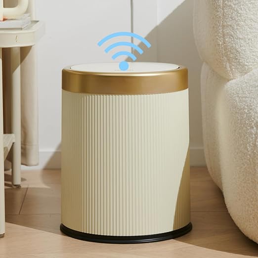 URALFA Bathroom Trash Can Automatic Touchless, Motion Sensor Trash Can | 3.7 Gal Bathroom Garbage Can with Lid, Smart Waterproof Trash Bin for Bedroom, Office, Restroom, Cream White and Gold