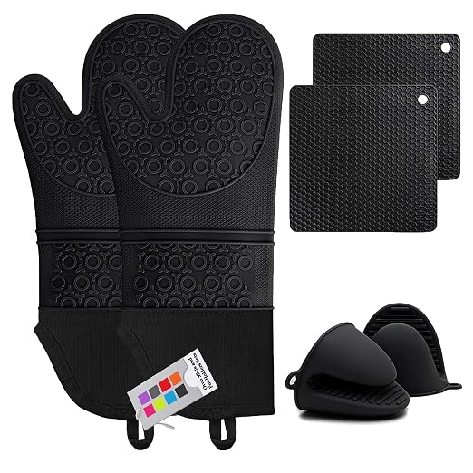 6pcs Silicone Oven Mitts and Pot Holders Sets for Kitchen, Black | 500°F heat resistant, cotton lining, honeycomb non-slip texture, 15-inch forearm protection, baking cooking gloves