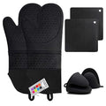 6pcs Silicone Oven Mitts and Pot Holders Sets for Kitchen, Black | 500°F heat resistant, cotton lining, honeycomb non-slip texture, 15-inch forearm protection, baking cooking gloves