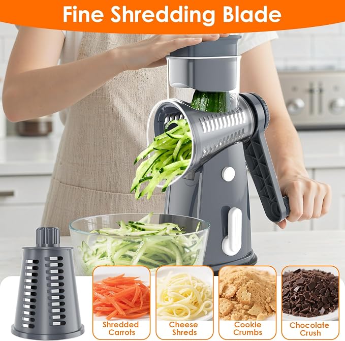 MealHelper 5 Blade Rotary Cheese Grater Hand Crank with Storage Box, Vegetable Chopper, Cheese Shredder for Cheeses, Veggies, Nuts - Easy to Use, Non-slip Suction Base, Gray