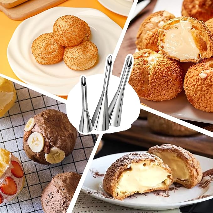 3PCS Puff Cream Filling Piping Tips with 50Piping Bags for Donuts,Eclairs | Long Piping Nozzle Tips,Puff,Eclairs,Cream Filling Nozzles,Cream Injector Tips,donut filler injector,with Tip Cleaning Brush