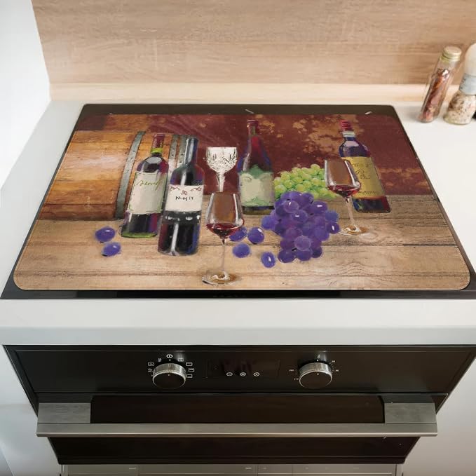 Wine Stove Top Cover for Electric Stoves,Brown Burgundy Grape Farmhouse Stove Top Cover for Kitchen Decor,Heat Resistant Cooktop Protector Mat,Non-Slip Washable Dish Drying Mat 28"x20"