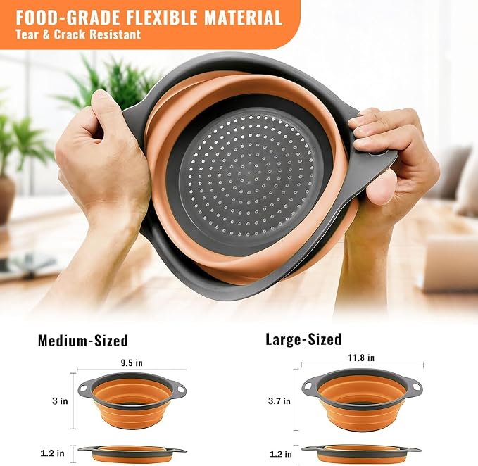 2 Pack Collapsible Silicone Colander with Handle, Over Sink Foldable Food Strainer, BPA-Free Space Saving Drain Basket for Vegetables, Fruits, Pasta, Kitchen & Camping (Orange)