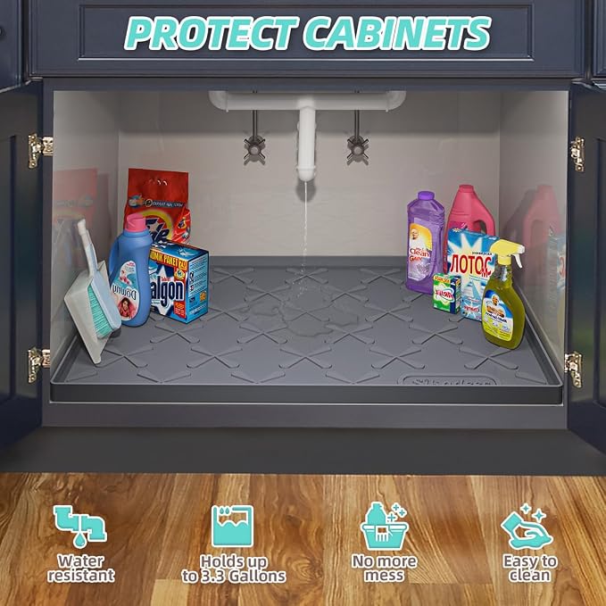 Waterproof Under Sink Mat 31" x 19" Silicone Mat Cabinet Protector | Heavy Duty Kitchen Cabinet Liner, Easy Press Drain, Home Essentials for Pet Feeding, Boots, Bathroom, Organizers & Storage