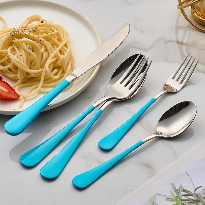 20-Piece Blue Silverware Set 18/0 Stainless Steel Flatware Blue Handle Cutlery Set Service for 4 Dinner Knives Forks Spoons Set Mirror Finish Dishwasher Safe