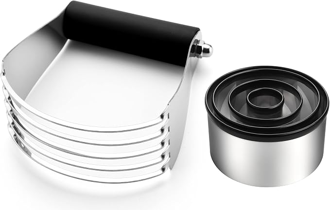 Spring Chef Stainless Steel Dough Blender & Biscuit Cutter Set for Baking | Heavy Duty Large Pastry Blender with Soft Grip Handle & Professional Cookie Cutter Set of 4, Dishwasher Safe, Black