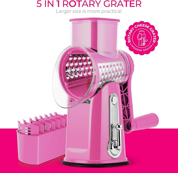 SUSTEAS Rotary Cheese Grater 5 Blades,Kitchen Mandoline Vegetable Slicer | Easy to Clean, Strong Suction Base, Blades Storage Box, Round Mandoline Slicer & Food Chopper for Cheese,Salad,Nut, Pink