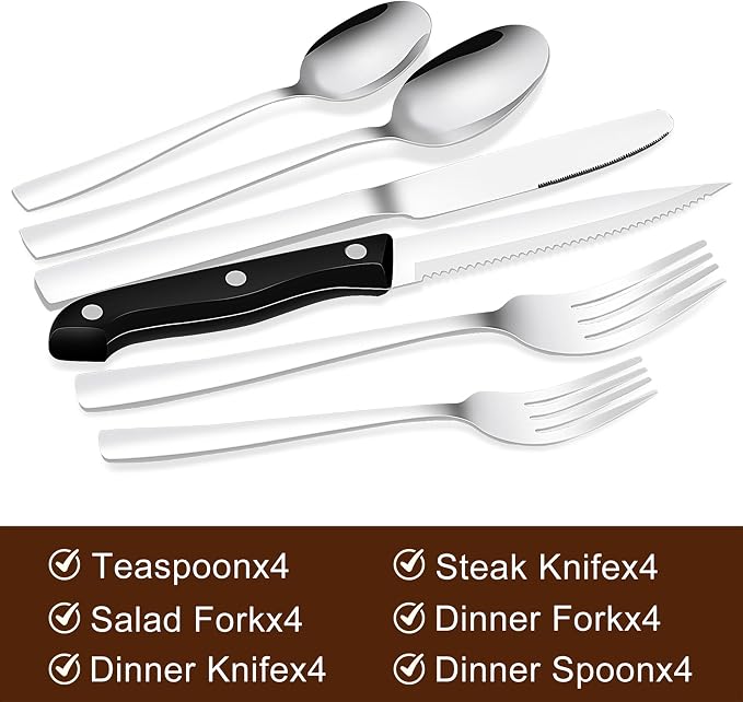 24-Piece Silverware Set Flatware Set for 4, Mirror Polished Stainless Steel with Steak Knives - Dishwasher Safe Kitchen Utensil sets for Home, Wedding, Restaurant