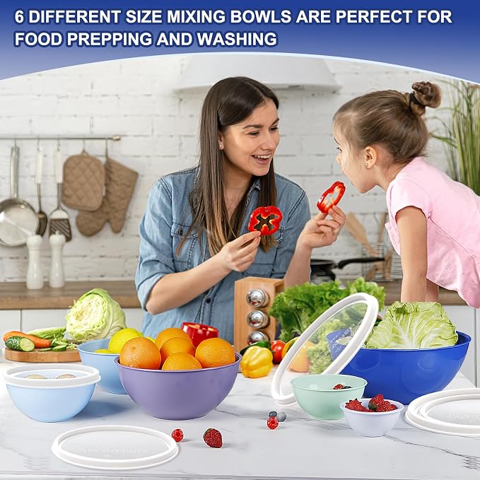 Greentainer Plastic Mixing Bowls with Lids Set for Kitchen, 6 Set Nesting Bowls for Mixing, Baking, Prepping, Cooking and Serving Food, Mixing Bowls Dishwasher, Microwave Safe