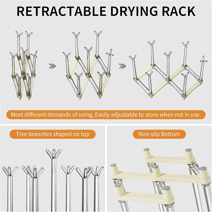 Marbrasse Retractable Cup Drying Rack, Drinking Glass and Sports Bottle Drainer Stand, Plastic Bag Dryer with Non-Slip Bottom for Kitchen Countertop - White