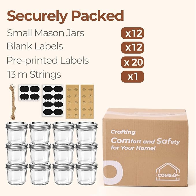 ComSaf 8 oz Wide Mouth Mason Jars Bulk Set, 12 Pack Small Jars with Lids | BPA-Free,Half-Pint Portion, Chunky Salsa, Overnight Oats, Party Favors, Meal Prep, DIY Candles, For Big Canning Project