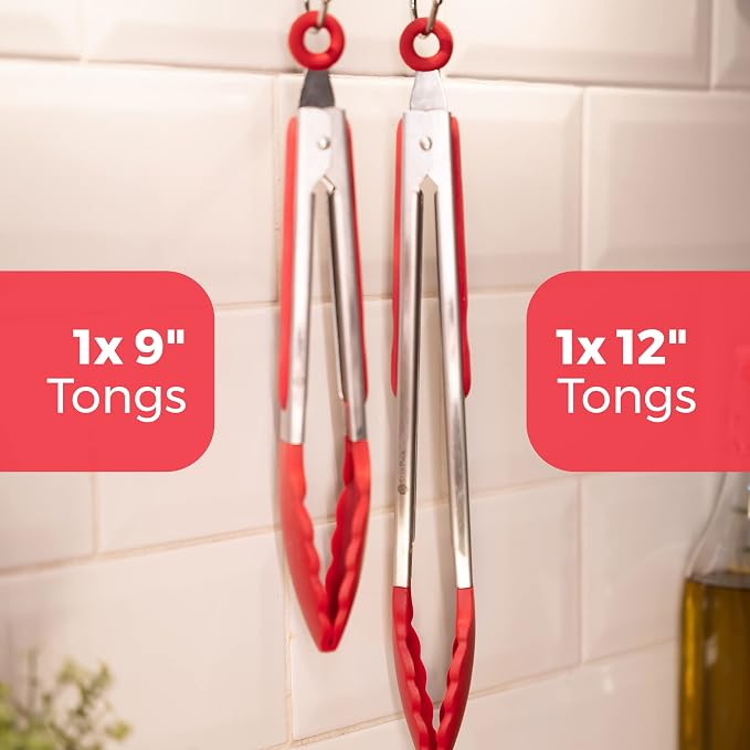 StarPack Premium Silicone Kitchen Tongs Set of 2 (9-Inch & 12-Inch) - Stainless Steel with Non-Stick Silicone Tips, High Heat Resistant to 480°F, For Cooking, Serving, Grill, BBQ & Salad (Cherry Red)