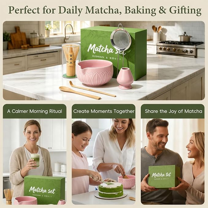 Matcha Whisk Set, Ceramic Matcha Set Includes Bowl & Holder, Bamboo Whisk (Chasen), Scoop, Spoon and Sifter, 6Pcs Matcha Kit Covers Everything Needed for Making Matcha (Leaf Pink)