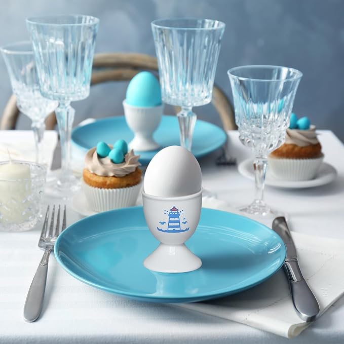 Cinf Ceramic Egg Cups, 2 Pack, Lighthouse Whale Holders for Boiled Eggs | 2 ceramic egg cups lighthouse whale pattern, stable and easy to clean, for boiled eggs and breakfast tables