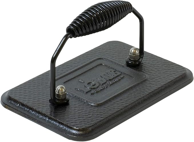 Lodge Seasoned Cast Iron Grill Press - Cool-Grip Spiral Handle - Heavy Duty Cast Iron Grill Press for Sandwiches, Bacon & Griddle Cooking - 6.75 Inches x 4.5 Inches