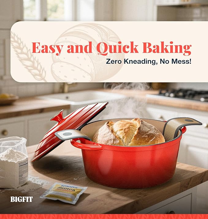 5QT Dutch Oven for Sourdough Bread Baking, Red Cast Iron Bread Pan with Lid | Advanced Multi-Functional Dutch Oven With Banneton Bread Proofing Basket & Baking Supplies, Cast Iron Bread Pan With Lid