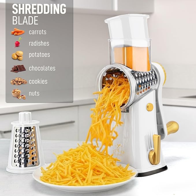 Zulay Kitchen Rotary Cheese Grater 5 Blade Cheese Shredder - Manual Hand Crank Cheese Grater With Reinforced Suction & 5 Interchangeable Drums - Easy to Use, Vegetable Chopper Round Mandoline Slicer