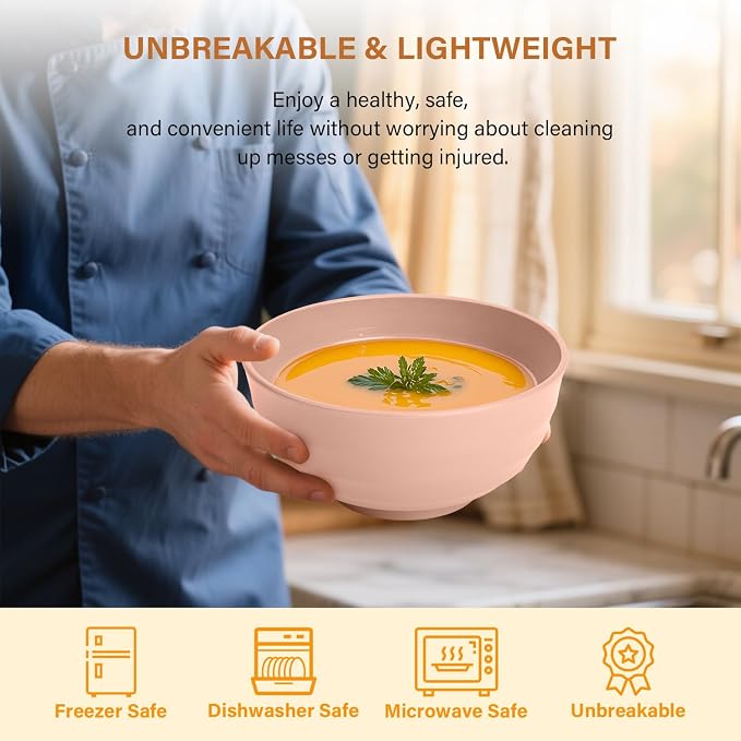 Large Wheat Straw Bowls 60oz Light Color Bowl Set of 8 - The Ultimate All-in-One Set for Salad, Soup, Cereal & Oatmeal, Microwave Safe & Unbreakable