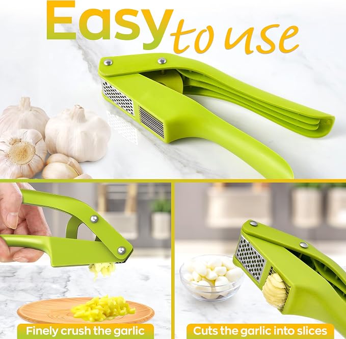 2 in 1 Garlic Slicer and Press, Stainless Steel with Durable Plastic | Multipurpose Garlic Press and Slicer Cuts Cloves Thin - 7.6 x 1.7 x 2.5 In, Easy to Use & Clean for Kitchen, Cafe, Deli Prep