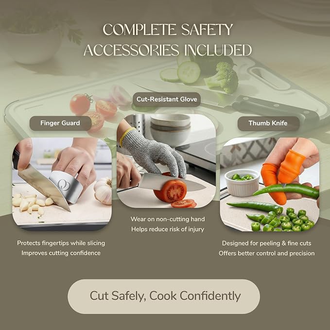 Titanium Cutting Board Double-Sided 2-in-1 (99.9% Titanium + PP), 15" x 10", with Accessories (Finger Guard, Glove, Thumb Knives) - Kitchen Metal Chopping Board for Meat, Fruits & Vegetables