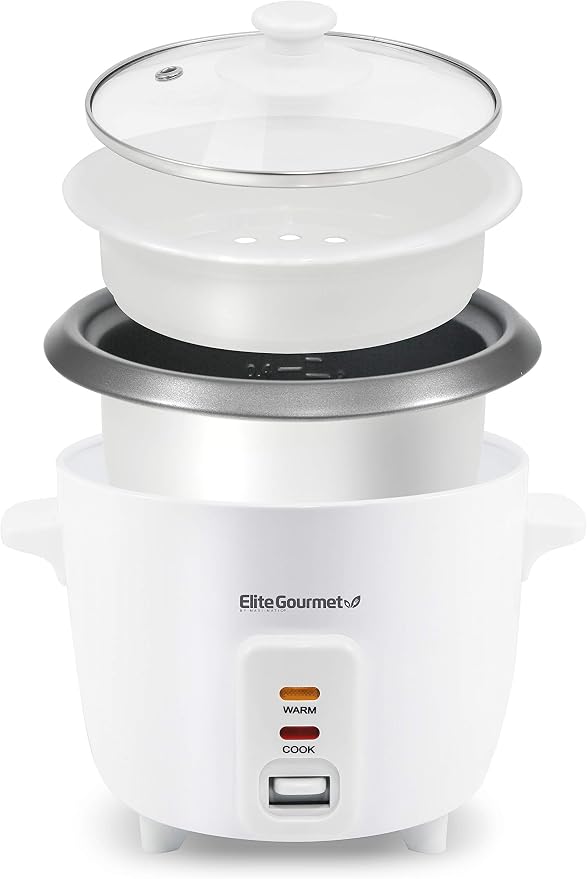 Elite Gourmet ERC003NSTX Rice Cooker & Food Steamer, Non-Stick Pot, White | Keep Warm - Glass Lid - Steam Tray Included - One-Touch Cooking - Includes Measuring Cup and Rice Scoop