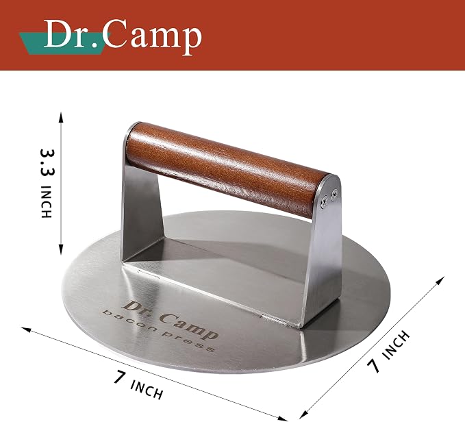 Dr.Camp 7 Inch Stainless Steel Smash Burger Press Burger Smasher Bacon Press Meat Press for Griddle Flat Top Grill with Solid Wood Handle Smooth Bottom Heavy Duty (Round)