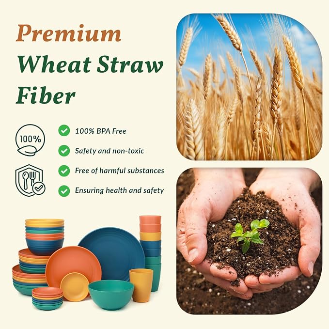 40-Piece Unbreakable Wheat Straw Dinnerwave Sets Plates and Bowls Sets for Kitchen, RV, Dorm, Lightweight Camping Dishes Set, Service for 8, Microwave and Dishwasher Safe Dish Sets (Multi)