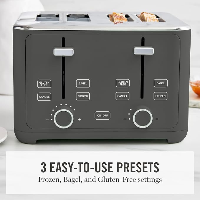 Martha Stewart 4-Slice Toaster, 3 Presets & 10 Shade Settings, Caviar Gray
