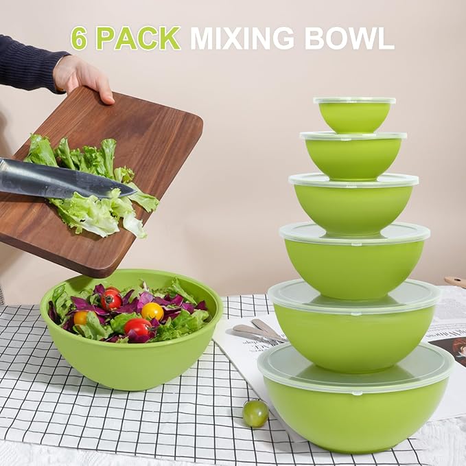 BoxedHome BPA Free Plastic Round Mixing Bowl with Lids, 12 Pack Nesting Bowls with Lids Set, Microwave and Dishwasher Safe Prep & Serving Bowls Great for Mixing, Baking, Serving (Light Green, 12pcs)