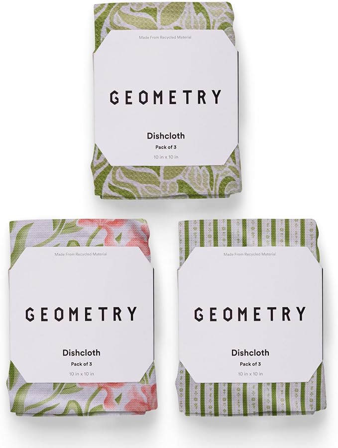 GEOMETRY Kitchen Dish Cloths - Spring & Summer Collection - Premium Dishcloths with Geoweave - Absorbent & Fast Drying Kitchen Towels - Green Goddess, 10" x 10" - 3-Pieces