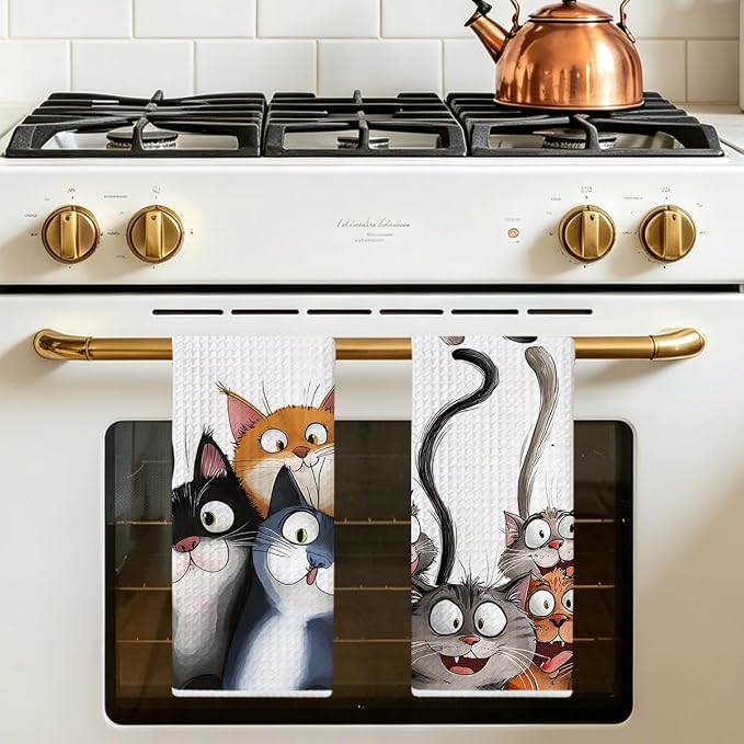 Jztco 2 Pcs Cute Cat Kitchen Towels, Cats Soft Absorbent Hand Tea Towels | Cat Lover Gifts for Women Mom Microfiber Dish Cloths for Drying Dishes, Waffle Dish Towels for Kitchen Home Bathroom Decor