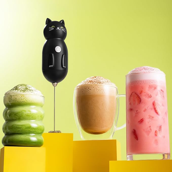 Cat-Shaped Frother Mixer – Cutesy Frother, Meet Your New Frothing Buddy Midnight The Cat, Adoption Papers and Stickers Included, Purrr-fect for Lattes, Cappuccino & Matcha – Black
