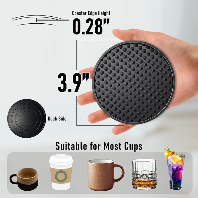 Silicone Coasters 6 Pack with Holder, Non-Slip Non-Stick Heat Resistant Cup Mat, Washable for Home Office Bar (Black)