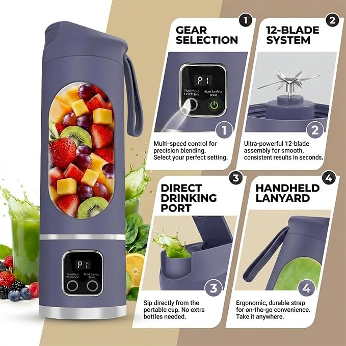 Lilogi Portable Blender, 500ML Blenders for Smoothies with LED Display | 12-Blade USB-C Rechargeable Blender, Travel Blender Cup for any kitchen, office, outdoor, travel, gym or sports