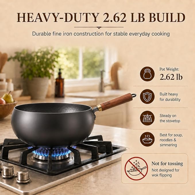 9.4 Inch Carbon Steel Wok with Glass Lid, Big Belly Flat Bottom Stir Fry Pan, Coating-Free Compact Wok Pan for Gas, Electric, Ceramic & Induction, 3.4 QT for 1–3 Servings