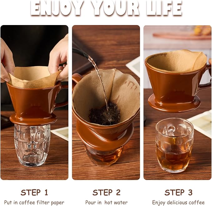 Pour Over Coffee Dripper, Ceramic Pour Over Coffee Maker, Brown | 3 Holes Flat Bottom, Easy Manual Brew Maker, Porcelain Slow Filter Cone for Travel, Camping, Office, Home