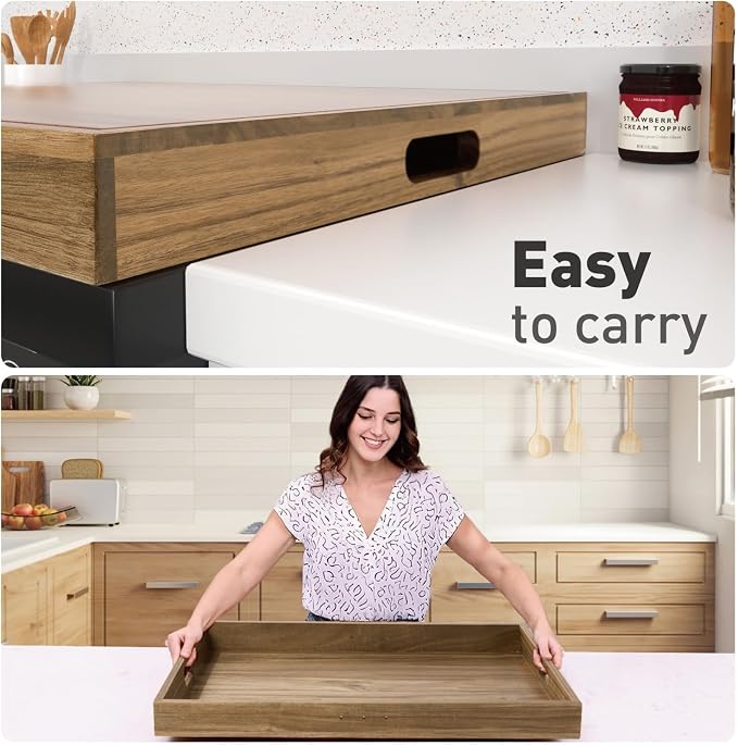 Buruis Acacia Wood Stove Cover for 28.82 x 20.83 Inch Gas & Electric Stoves | Noodle Board Design with Juice Groove, Extra Counter Space, Built-In Handles, Multi-Purpose Kitchen Serving Board