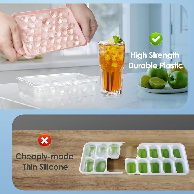 Ice Cube Tray with Lid and Bin, 0.8" Round Ice Trays for Freezer | 2 Pink Ice Cube Trays with Ice Box & Tong, 0.8" Round Ice Balls for Iced Coffee & Juice, Easy Twist Release, For Gatherings