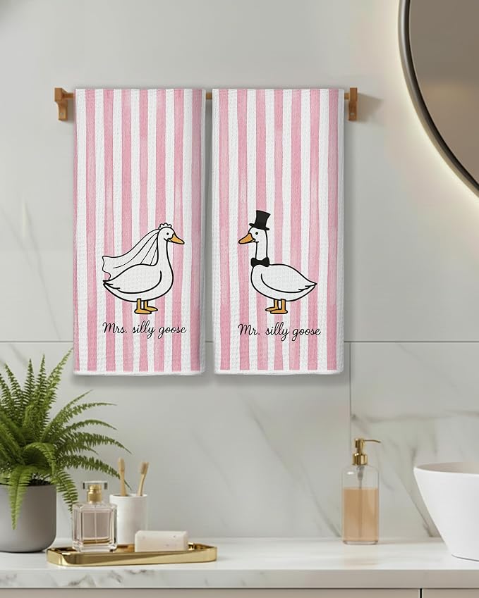 Mr and Mrs Goose Pink Striped Kitchen Towels 16x24 Inch, Wedding Gifts for Couples Newlyweds Dish Tea Towels for Kitchen Decor, Just Married Gifts Decorative Hand Towel for Bathroom, Set of 2