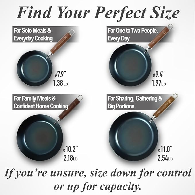 Crafted in Japan. Trusted by Chefs. Japanese Carbon Steel Frying Pan, 9.4 inch – Precision-Formed, Pre-Seasoned & Lightweight, Chef-Designed for High-Heat Control (9.4 inches)