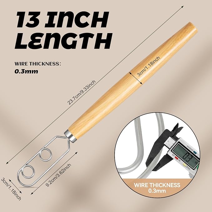 Zhehao 2 Pcs 13 Inch Sourdough Starter Stirring Hook Danish Dough Whisk Wooden Dutch Mixer Hand Utensil with Stainless Steel Dough Hook for Bread, Pizza, Pastry, Cake Batter Making Tool