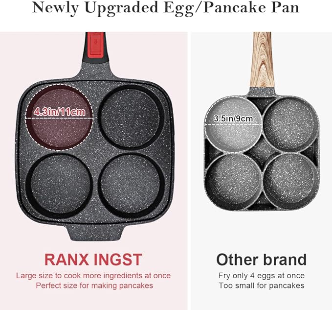 RANX INGST 10 inch Large Egg Pan with Lid, Nonstick 4-Cup Pancake Pan,Black | Omelette Skillet with Detachable Handle Induction Compatible