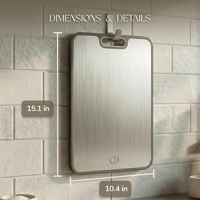 Titanium Cutting Board Double-Sided 2-in-1 (99.9% Titanium + PP), 15" x 10", with Accessories (Finger Guard, Glove, Thumb Knives) - Kitchen Metal Chopping Board for Meat, Fruits & Vegetables