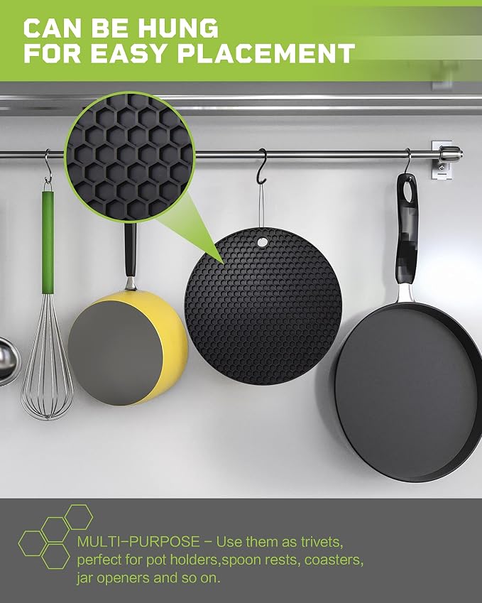 Wapodeai 2pcs Silicone Mats for Kitchen Counter,Pot Holders,Trivet,Hot Pads | Potholders for Kitchens,Trivets for Hot Pots,Flexible & Easy to Wash and Dry (Black)