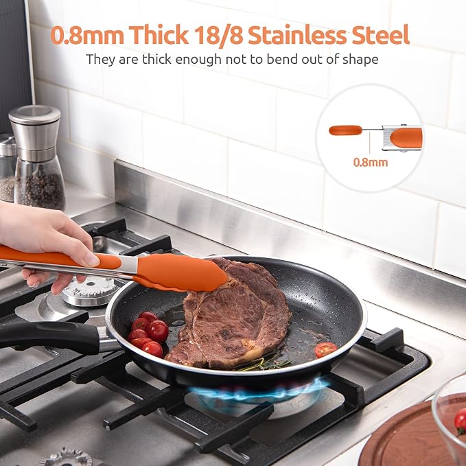 U-Taste Kitchen Tong for Cooking, 600ºF Heat-Resistant Tps, 9in/Orange | Rubber Tong for Serving Food, Salad/Grill/BBQ/Steak/Pasta Silicon Tongs, 18/8 Stainless Steel Handle & Smooth Locking