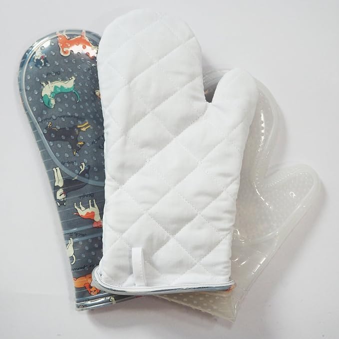 Oven Mitts with Transparent Clear Silicone Shell and Nice Dog Printing | Cotton Lining Set of 2 Kitchen Mittenes Heat Resistant to 500 F Oven Gloves Pot Holder for Cooking (Grey)