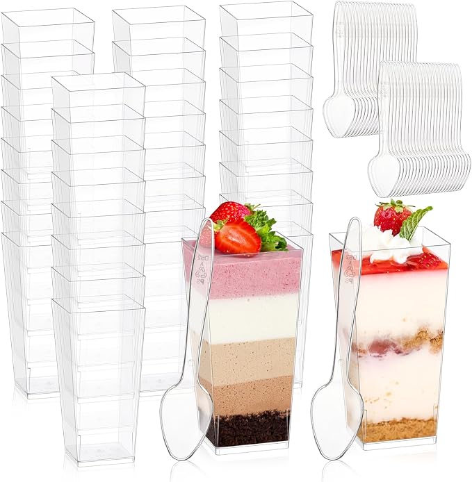 mwellewm 240 Pcs Dessert Cups with Spoons 120 Pcs 3 OZ Mini Clear Plastic Desert Parfait Cup 120 Pc Spoons for Party Small Square Serving Wine Shot Disposable Fruit Ice Cream Mousse Appetizer Bowl